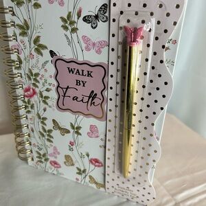 🦋 “Walk By Faith” Butterfly Journal with Gold/Pink Butterfly Ink Pen
